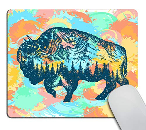 Smooffly Buffalo Bison Color Tattoo Art Mouse pad,Mountain, Forest, Night Sky Customized Rectangle Non-Slip Rubber Mousepad Gaming Mouse Pad