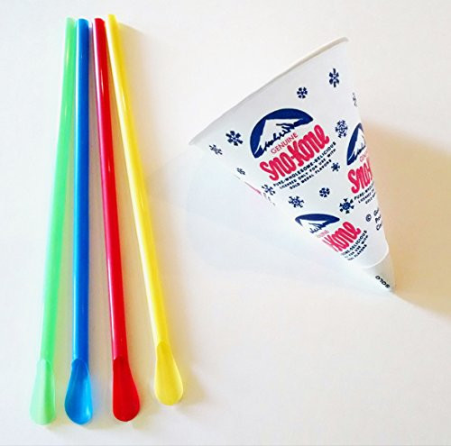 Snow Cone Cups. 50 Pack of Snow Cone Cups and Spoon Straws. 6 oz Sno cone Cups and 8' Spoon Straws. Perfect Snow Cone and Shaved Ice Cups.