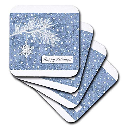 3dRose CST_32950_2 Snowy Branch with Snowflake on Blue, Happy Holidays-Soft Coasters, Set of 8