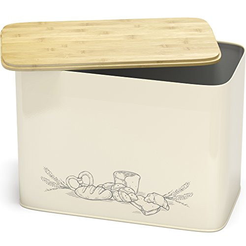 Cooler Kitchen Extra Large Space Saving Vertical Bread Box with Eco Bamboo Cutting Board Lid - Holds 2 Loaves - Cream Extra Large Farmhouse Breadbox Bread Holder
