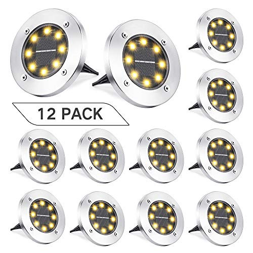 Solar Ground Lights, 12 Pack 8 LED Solar Pathway Lights Waterproof In-Ground Outdoor Landscape Lighting Solar Disk Lights for Patio Pathway Lawn Yard Driveway Walkway (Warm White)