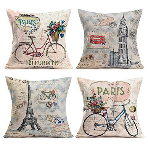 Smilyard Paris Eiffel Pillows Decorative Pillow Covers Vintage Bicycle with Color Flower Throw Pillow Case Cotton Linen French Decor Rustic Cushion Cover for Sofa Couch 18x18 Inch 4Pack(France Set)
