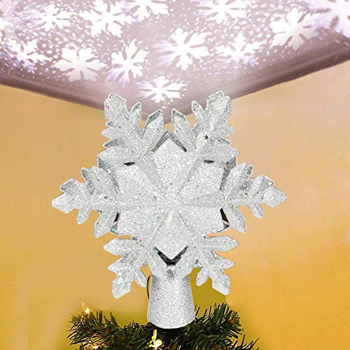 MOAUGYO Christmas Tree Topper Lighted Star Tree Toppers with LED Rotating Snowflake Projector Lights, 3D Sliver Snow Tree Topper for Christmas Tree Decorations