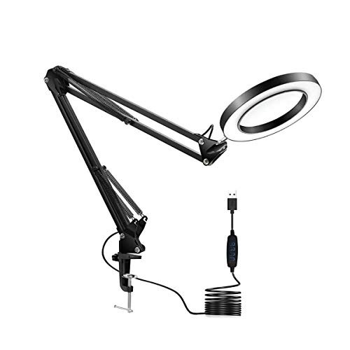 Top-Spring LED Magnifying Lamp Metal Swing Arm Magnifier Lamp - Stepless Dimming, 3 Color Modes, 5X Magnification, 4.1 Diameter Glass Lens, Adjustable Industrial Clamp for Reading/Office/Work (Black)