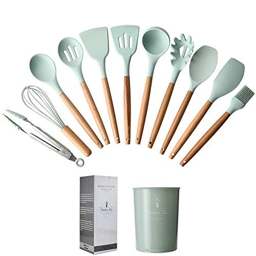 Kitchen Utensil Set, Caliamary Silicone Cooking Utensils Set for Nonstick Cookware, 11 PCS Kitchen Utensils with Holder, Spoons, Soup Ladle, Slotted Turner, Whisk, Tongs, Brush, Pasta Server, Spatulas