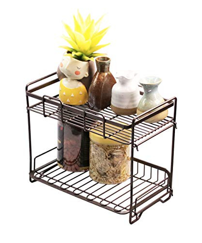 Spice Rack Organizer, 2-Tier Standing Bathroom Organizer for Kitchen Cabinet Countertop Storage Cosmetic Makeup Vanity Jars Bottle Holder Foldable Shelf (Black)