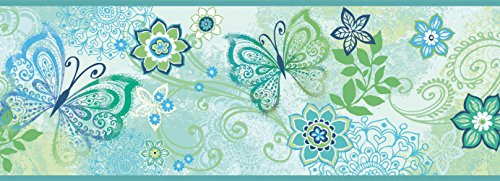 Chesapeake TOT46453B Fantasia Blue Boho Butterflies Scroll Wallpaper Border