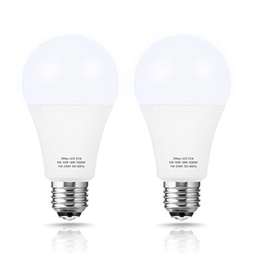 Briignite 3 Way LED Light Bulbs 50-100-150W Equivalent Daylight White 5000K, 3-Way A21 LED Light Bulb E26 Medium Base, 600LM-1250LM-1850LM, Perfect for Table Lamp, Floor Lamp, Desk Lamp, 2 Pack