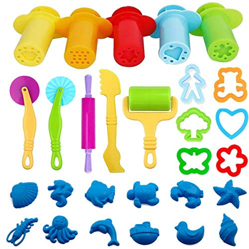 BESTZY Play Dough Tools Kit - 28 Pcs Clay Extruder Dough Roller Plasticine Cutter Tool Modeling Mold Kit, Random Colors