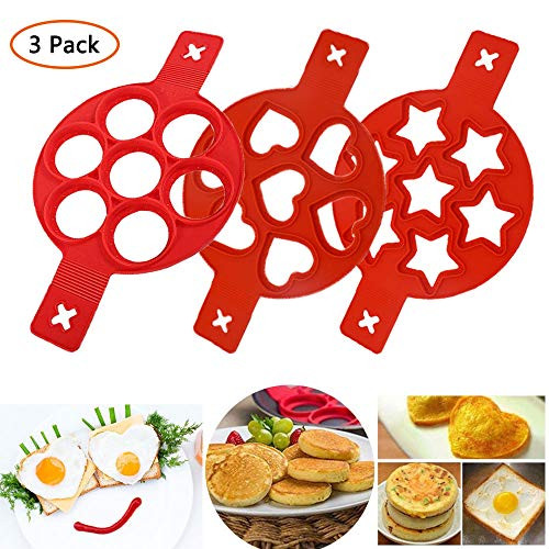 Silicone Pancake Mold Nonstick Egg Ring, Reusable Pancake Maker, Egg Maker, Egg Poacher, Egg Mold, 3 Pack (Red)