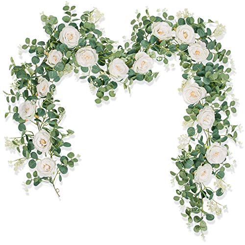 Der Rose 2Pack 13ft Artificial Eucalyptus Flower Garland with White Fake Silk Flower Vine Eucalyptus Leaves Greenery Garland for Wedding Arch Table Decor Der Rose 2Pack 13ft Artificial Eucalyptus Flower Garland with White Fake Silk Flower Vine Eucalyptus Leaves Greenery Garland for Wedding Arch Table Decor