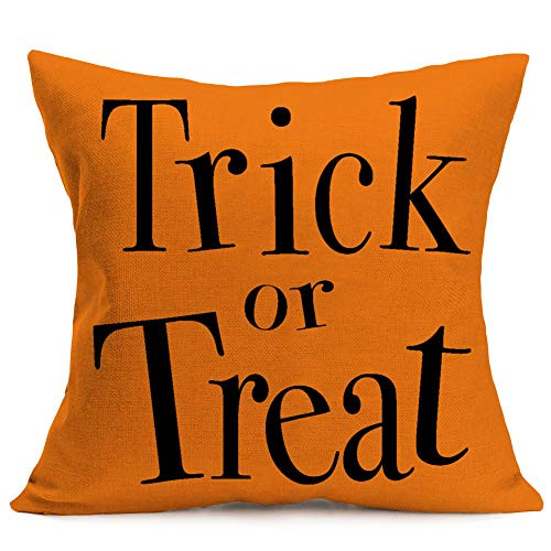 Royalours Throw Pillow Covers Bat Spider Web Cushion Cover Cotton Linen Halloween Trick or Treat Throw Pillow Case for Home Sofa Car Bedroom Decorative Pillowcase 18" x 18" (Orange Trick or Treat)
