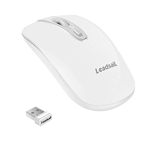 LeadsaiL Silent Click Wireless Computer Mouse, 2.4G Portable Slim Cordless Mouse Less Noise for Laptop Optical Mouse with 3 Adjustable DPI Levels USB Mouse for Laptop, Deskbtop, MacBook (Light White)