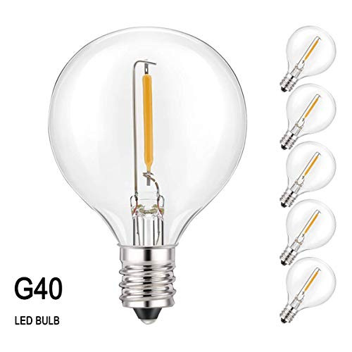 Upook G40 LED Replacement Bulbs Fits C7/E12 Screw Base Shatterproof LED Clear Glass Globe Light Bulbs for Outdoor Solar G40 String Lights Patio Yard Garden Decor Warm White 6 Pack