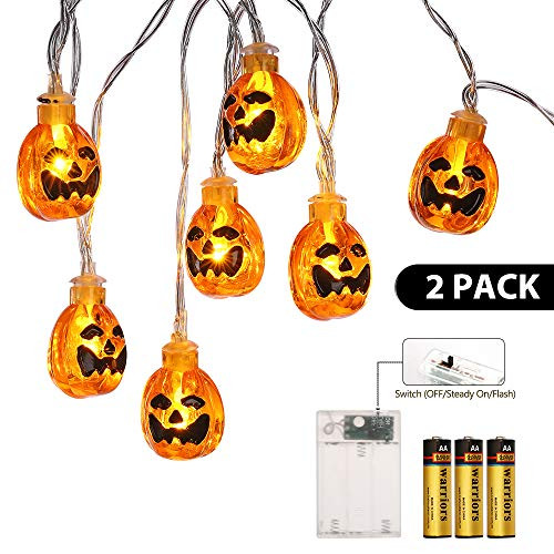 2 Pack Pumpkin Halloween String Lights, 10.5Ft 30 LED Battery Operated Orange Halloween Lights, 2 Modes Flash/Steady On Jack-O-Lantern Pumpkin Lights for Halloween Decorations.