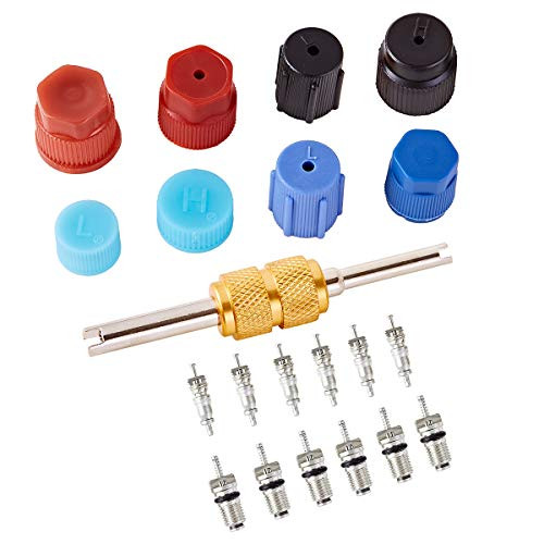 BingSnow Air Conditioning Schrader Valve Cores for Car Home A/C Accessories R12 R134a Refrigeration Tire Valve Stem Core AC System Charging Port Seal Caps with Valve Stem Core Remover Tool (15Pcs)