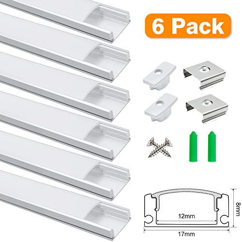 3.3ft/1Meter U-Shape 8x17mm LED Aluminum Channel System, for Interval Width 12mm LED Strip Light with Milky White Cover, Aluminum Channel with End Caps and Mounting Clips, Silver, 6Pack