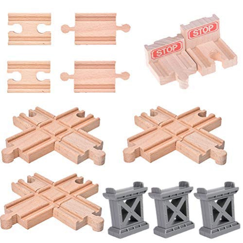 Ioffersuper 12 pcs Wooden Train Track Set, Male-Male Female-Female Bump Track,Bridge Pier Track(Random Color),Cross Track and Stop Track Compatible with All Major Brands (Mix)