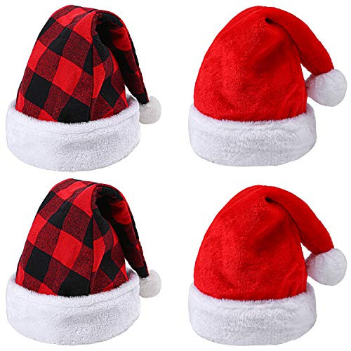 URATOT 4 Pack Christmas Santa Hats Christmas Plaid Hat and Traditional Red and White Santa Hat for Christmas Costume Party