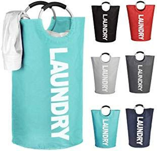 Laundry Basket, Dreammax Waterproof 82L Large Collapsible Fabric Laundry Hamper, Foldable Clothes Storage Washing Bag Washing Bin with Alloy Handles for College Bathroom Travel (Blue)