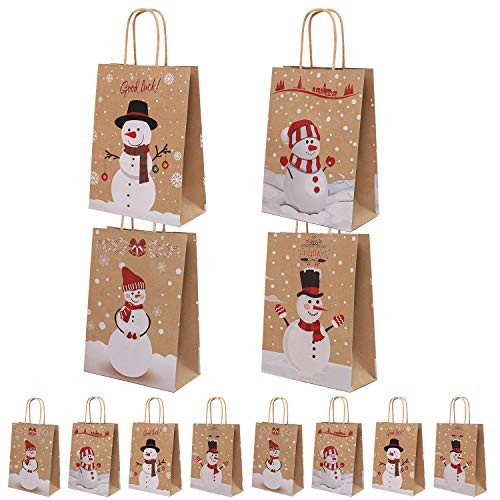 Cooraby 12 Pieces Christmas Party Bags Kraft Paper Gift Bag Birthday Party Bags with Handle for Winter Party Celebrations (Color A)