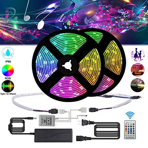LED Strip Lights Music Sync, 32.8ft / 10m RGB Color Changing Rope Light, SMD 5050 600led/10M Waterproof Music String Lighting Kit with 24-Key RF Remote Controller for Home Bar Decor (32.8ft/ 10m)
