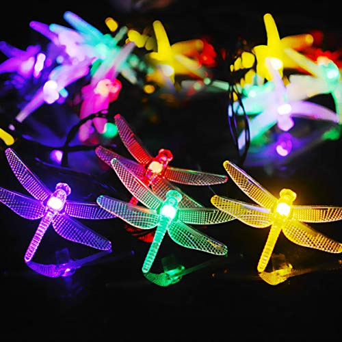 Elementdigital Solar String Lights,30 Led Dragonfly Lamp String Outdoor Garden Yard Christmas Day Decoration Outdoor Waterproof Dragonfly String Lights Christmas Lights (Colorful)
