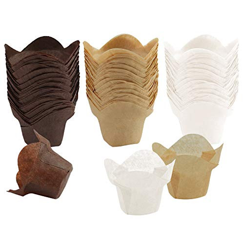 Ruisita 150 Pieces Lotus Baking Cups Paper Cups Cupcake Muffin Liners Wrappers, Brown, Natural and White (150, Brown, Natural and White)