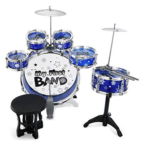 Reditmo Kids Jazz Drum Set, 6 Drums, 2 Cymbals, Chair, Kick Pedal, 2 Drumsticks, Stool, Early Education Musical Instrument to Develop Children's Creativity, Blue
