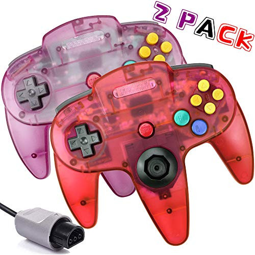 Classic N64 Controller, N64 Wired Game pad Joystick, N64 Gaming Remote Gamepad Joystick for N64 Console Video Game System(Clear Red+Clear Purple)