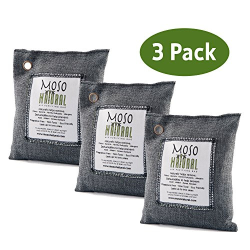 Moso Natural Air Purifying Bag. Odor Eliminator for Cars, Closets, Bathrooms and Pet Areas. Captures and Eliminates Odors. (Charcoal, 3 Pack)