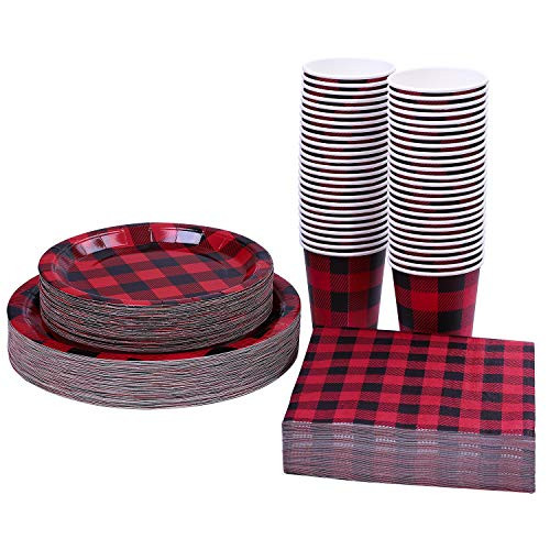 Aneco 200 Pieces Buffalo Plaid Themed Party Supplies Party Tableware Disposable Paper Plates Paper Cups and Napkins for 50 Guests
