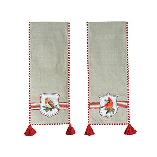 Creative Co-op Bird Emblem Appliqued Cotton Red Tassels Table Runner, Multicolor