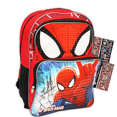 Marvel Spiderman Backpack for Boys Kids Bundle ~ Delxue 16 Inch Spider-Man Backpack with Bonus Spiderman Stickers (Spider-Man School Supplies)