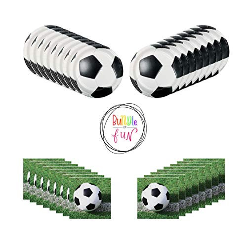Soccer Birthday Party Supplies Bundle Pack of Dessert Plates and Dessert Napkins for 16 Guests plus Bundle of Fun Sticker