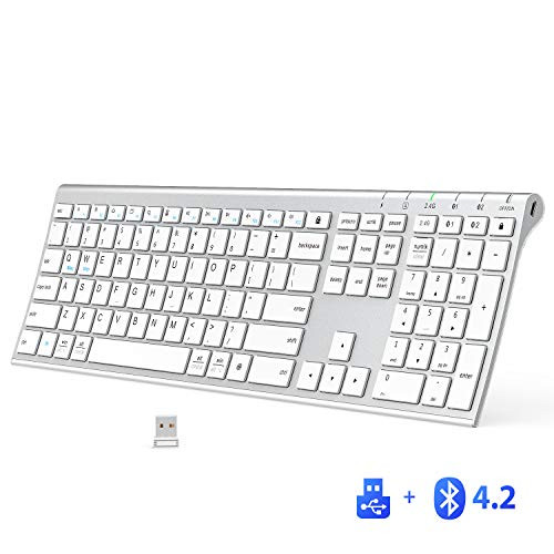 iClever DK03 Bluetooth Keyboard - 2.4G Wireless Keyboard Rechargeable Bluetooth 4.2 + USB Multi Device Keyboard, Ultra-Slim Full Size Dual Mode White Keyboard for Mac, iPad, iPhone, Windows, Android
