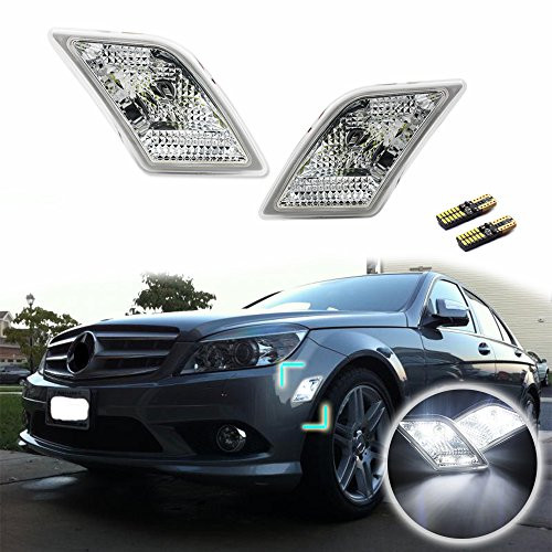 GTINTHEBOX CAN-bus Error Free Clear Lens Covers Fender Side Marker Lamps with Pure White LED Lights For 2008-2011 Mercedes Benz W204 C250 C300 C350 & 2008-2013 C63 AMG