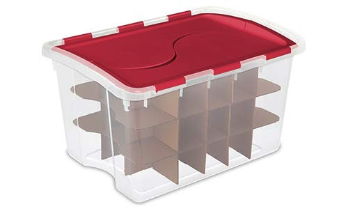 Sterilite 19096606 48 Qt Hinged Ornament Box, 6 pack, clear base, red lid