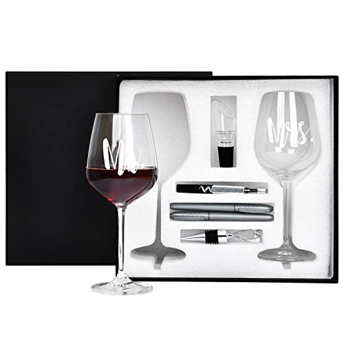 Mr and Mrs Wine Glass Set for Couple- Unique Engagement, Anniversary, Newlyweds, Wedding Gifts for Her, Bride & Groom, Bridal Shower Gifts- FREE Wine Stopper, Bottle Open, Glass Marker & Decanter