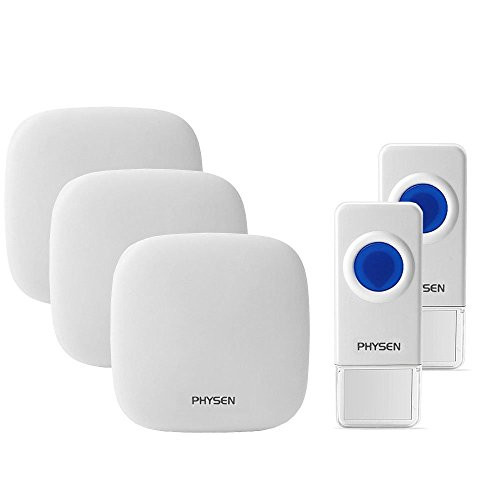 Physen H1 Waterproof Wireless Doorbell kit with 2 Push Buttons and 3 Plugin Receivers Operating at 1000-feet Range,4 Adjustable Volume Levels with 52 Chimes,No Batteries Required for Receiver,White