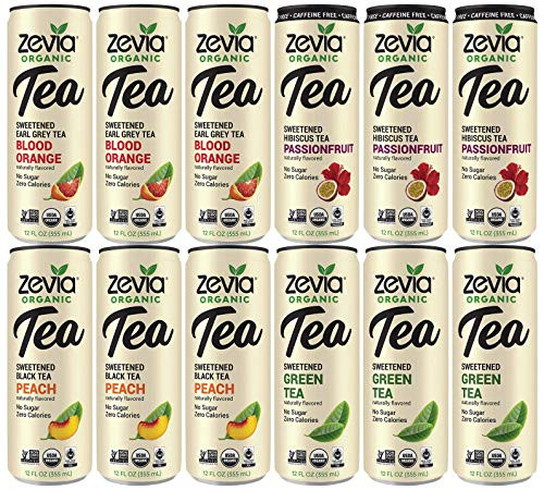 Zevia Iced Tea Variety (12 pack) Green Tea, Peach Tea, Blood Orange and Hibiscus Tea Passionfruit