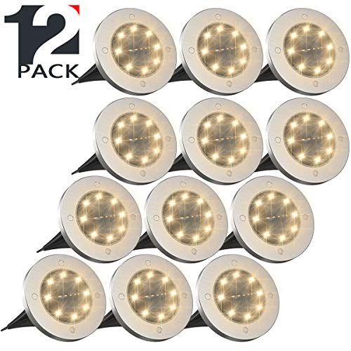 Tysonir Solar Ground Lights?Disk Lights Solar Powered 8 LED ?Outdoor in-ground Solar Lights for Landscape Walkway Lawn Steps Decks, LED lamp, Waterproof(Warm White)12pack