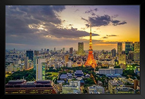 Sunset View of Tokyo Skyline Cityscape Japan Photo Black Wood Framed Art Poster 20x14