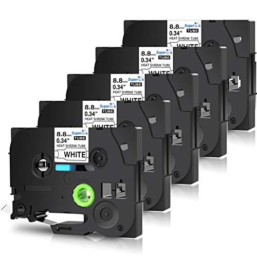 SuperInk 5 Pack Compatible for Brother HSe-221 HSe221 HS-221 HS221 Black on White Heat Shrink Tube Label Tape use in PT-D210 PT-D400 PT-E300 PT-E500 PT-P750WVP Printer (0.34''x 4.92ft, 8.8mm x 1.5m)