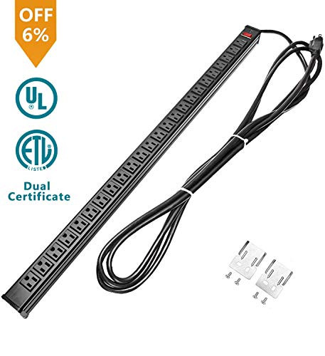 BTU Rack Mount Power Outlet Surge Protector Power Strip 24 Outlet Heavy Duty Multi Plug Outlet Aluminum Socket with Smart Circuit Breaker and 15 Ft Long Cord (Black)