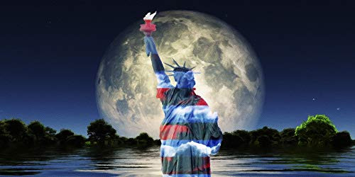 Posterazzi PSTRFF200284S Surrealism. Liberty Statue in National Colors. Giant Moon Rises Over Water Surface Photo Print, 11 x 17, Multi