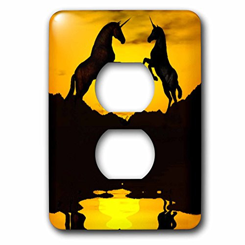 3dRose lsp_53818_6 Unicorns In Silhouette, Playing In Front Yellow Sunset - 2 Plug Outlet Cover