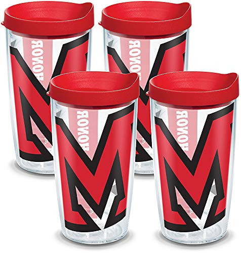 Tervis 1141506 Miami University RedHawks Colossal Tumbler with Wrap and Red Lid 4 Pack 16oz, Clear