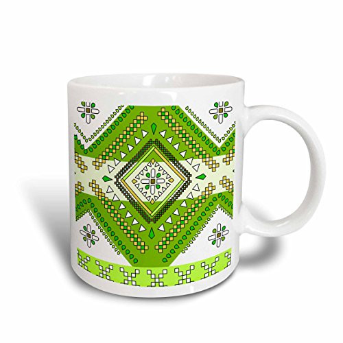 3dRose 165806_2 Aztec Andes Tribal Diamond Pattern Green And White Ceramic Mug 15 oz Multicolor