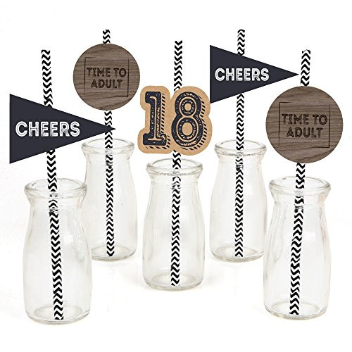 18th Milestone Birthday Paper Straw Decor - Time to Adult - Birthday Party Striped Decorative Straws - Set of 24